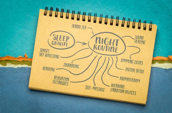 睡眠の質のための夜のルーチン ノートブックのマインドマップスケッチ 健康的なライフスタイル セルフケアと個人的な開発コンセプト — ストック写真