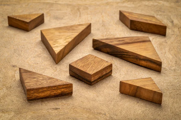 Siete Piezas Madera Tangram Juego Tradicional Rompecabezas Chino Textura Corteza —  Fotos de Stock