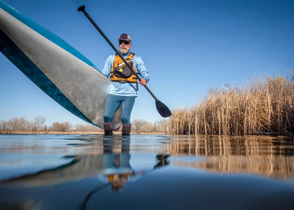 Sénior Macho Paddler Está Lançando Stand Paddleboard Lago Calmo Início — Fotografia de Stock