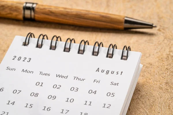 August 2023 Closeup Small Desktop Calendar Pen Time Business Concept — Fotografia de Stock