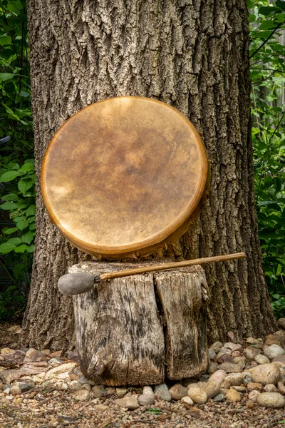 Handgemaakte Inheemse Amerikaanse Stijl Shaman Frame Drum Bedekt Met Geitenvel — Stockfoto