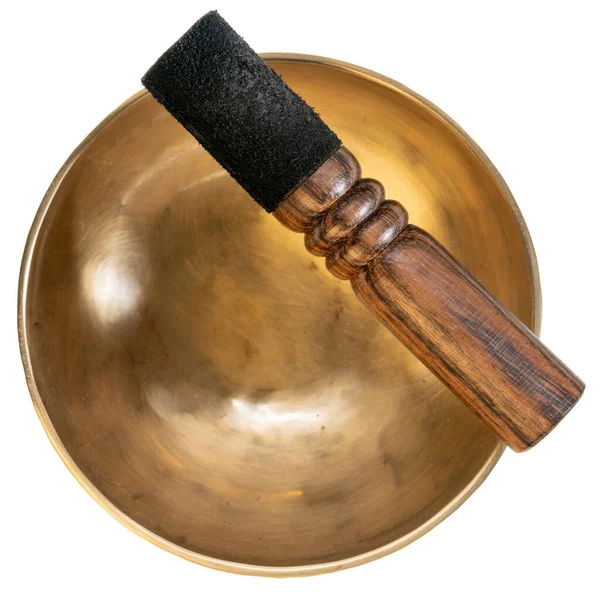 Handmade Tibetan Singing Bowl Mallet Isolated White Sound Therapy Healing — Stock Photo, Image