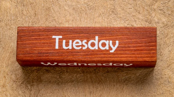 Tuesday Wednesday Text Wooden Block Handmade Bark Paper Earth Tones — Stock Photo, Image