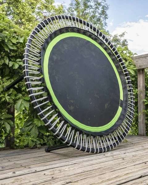 Mini Trampoline Fitness Exercising Rebounding Backyard Patio Summer Scenery — Stock Photo, Image