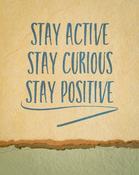 Stay Active Curious Positive Keys Healthy Aging Inspirational Note Art — Stock Photo, Image