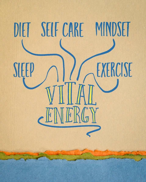 Mapa Mente Energia Vital Dieta Mentalidade Exercício Sono Autocuidado Esboço — Fotografia de Stock