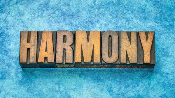 Harmonie Woord Vintage Houtsoort Tegen Handgemaakt Blauw Papier Balans Orde — Stockfoto