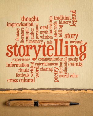 bir kalem, kültür, iletişim, eğlence ve eğitim kavramı ile sanat kağıdının üzerinde hikaye ve hikaye anlatımı bulutu
