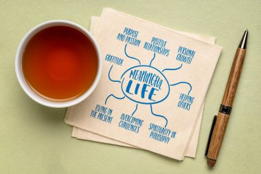 meaningful life concept - infographics or mind map sketch on a napkin with tea, personal development and growth clipart
