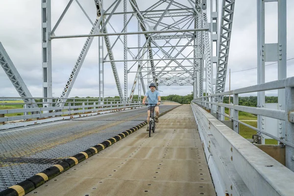 Senior Man Riding Folding Bike Chain Rocks Canal Bridge Granite — Stock Photo, Image