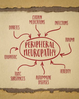 causes of peripheral neuropathy infographics or mind map sketch on art paper, medicine and heath concept clipart