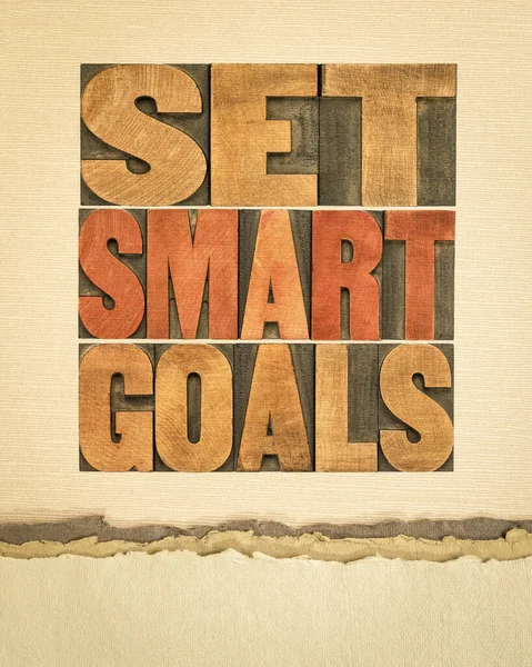 set SMART goals poster  - word abstract  in vintage letterpress wood type against art paper, goal setting, planning, business and personal development concept