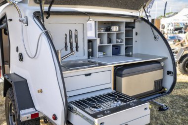 Loveland, CO, USA - August 27, 2023: A galley of Espapod Topo 2 off-road teardrop camping trailer. clipart