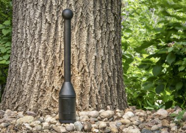 Arka bahçede bir meşe ağacına karşı ayarlanabilir çelik sopa, fonksiyonel fitness konsepti