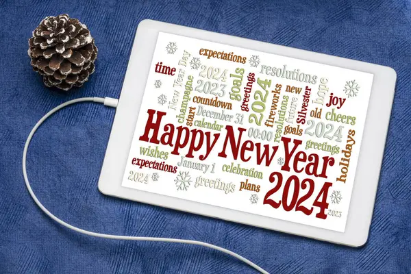 Happy New Year 2024 Greetings Card Word Cloud Digital Tablet — Stock Photo, Image