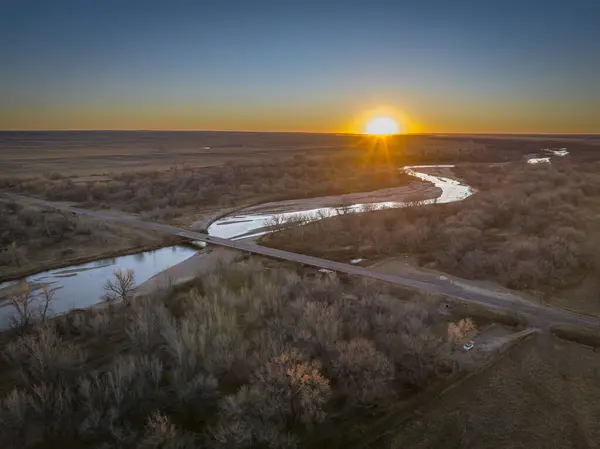 Pôr Sol Sobre Pradaria Rio South Platte Leste Colorado Perto — Fotografia de Stock