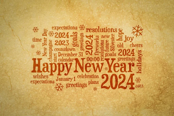 Tarjeta Felicitación Feliz Año Nuevo 2024 Nube Palabras Papel Retro — Foto de Stock