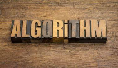 Antika harflerle algoritma kelime grunge ahşap arkaplan karşı ahşap yazı tipi, süreç ya da kurallar dizisi hesaplamalar veya diğer problem çözme işlemleri, özellikle bir bilgisayar tarafından takip edilir