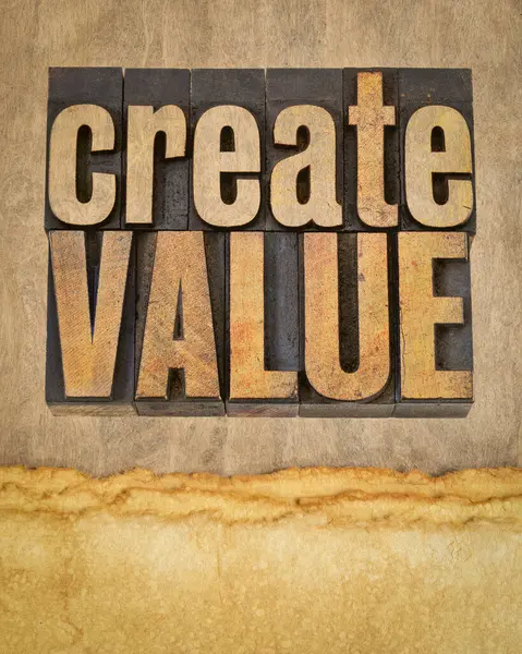 create value typography - words in vintage letterpress wood type blocks on art paper, inspiration, creativity and business  concept