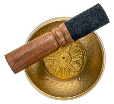 Beyaz bir tokmak ile el yapımı Tibet şarkı kasesi, şifa, rahatlama ve meditasyon için ses terapisi