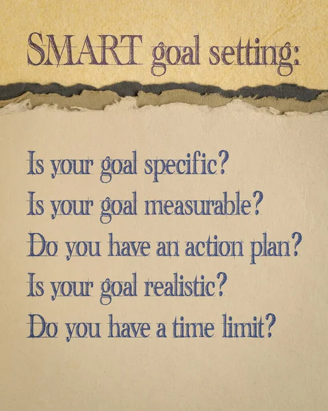 tips and questions on SMART goal setting - writing on art paper, vertical poster