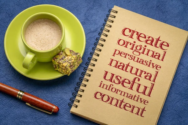 create original, persuasive, natural, useful, informative content - creating content advice, writing in a notebook with cup of coffee