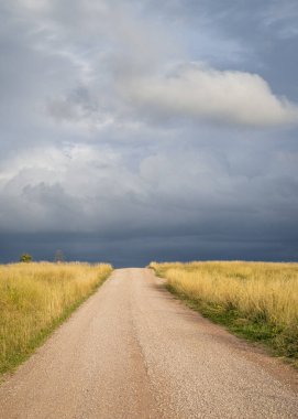 Kara fırtınalı gökyüzü ile Nebraska ovasında toprak yol