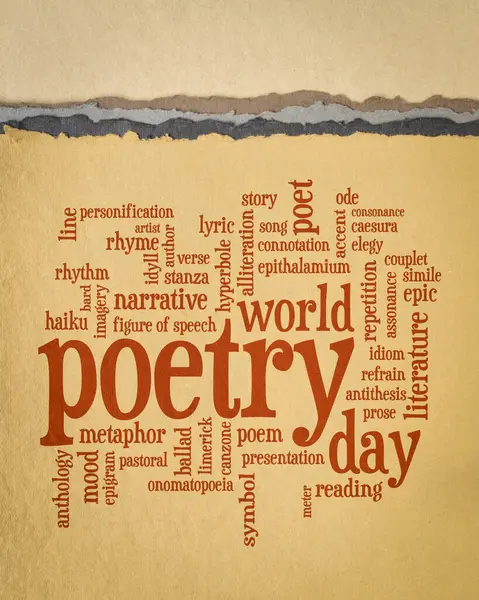 Día Mundial Poesía Nube Palabras Sobre Papel Arte Póster Vertical —  Fotos de Stock