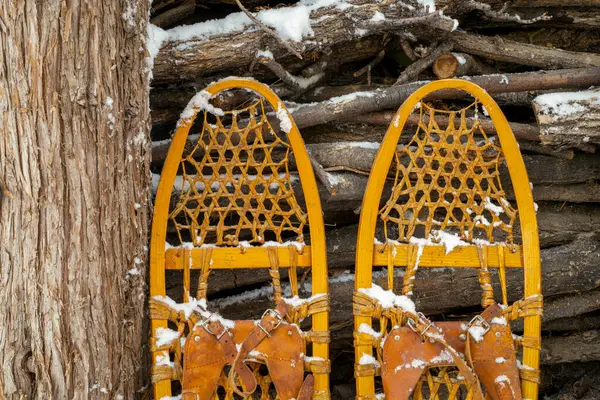 Szczegóły Klasycznych Drewnianych Snowshoes Bear Paw Przeciwko Stos Drewna Opałowego — Zdjęcie stockowe