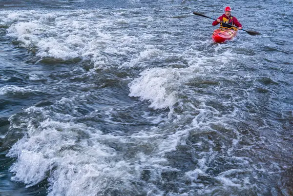Whitewater Kayaker Paddling Upstream River Rapid — Stock Photo, Image