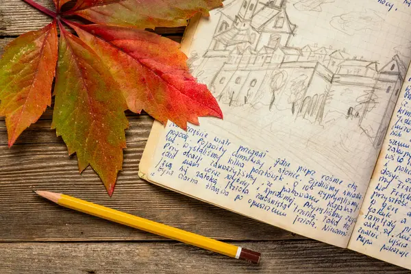 古老的探险日志在一个乡村式的野餐桌上 上面有一片五颜六色的叶子 1974年横渡波兰的旅行日志 笔迹和铅笔绘图 — 图库照片#