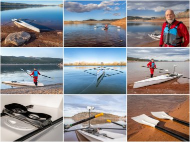 collection of images from winter rowing on lakes in northern Colorado featuring the same senior male rower wearing a drysuit clipart