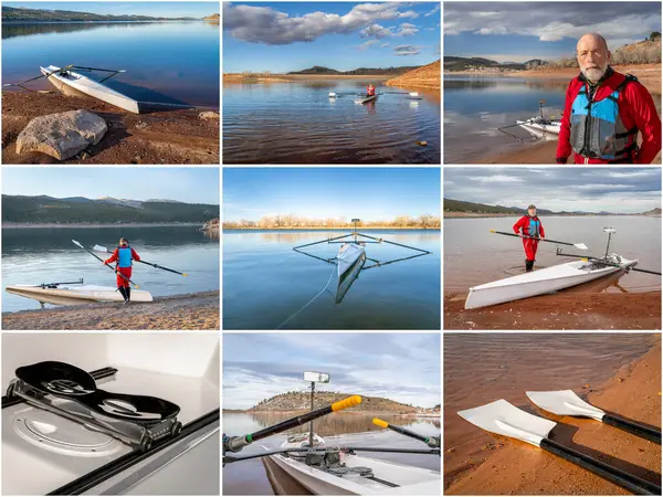 收集科罗拉多州北部湖上冬季划船的图片 照片中的老男子划艇手穿着旱衣 — 图库照片#