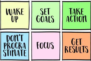 Uyanın, hedefler belirleyin, harekete geçin, odaklanın, ertelemeyin, sonuç alın - motivasyonel hatırlatma notları, üretkenlik, iş geliştirme veya kişisel gelişim konsepti