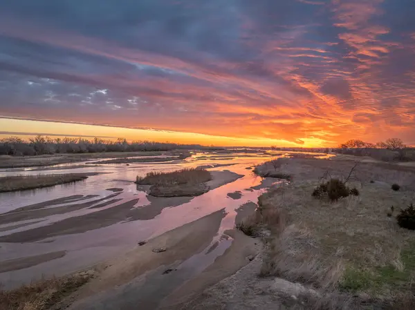 Wiosenny Wschód Słońca Nad Rzeką Platte Równiny Pobliżu Kerney Nebraska — Zdjęcie stockowe