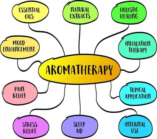 Aromaterapia Con Aceites Esenciales Sus Aplicaciones Para Curación Holística Para — Archivo Imágenes Vectoriales
