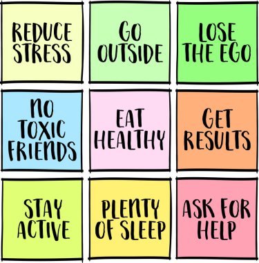 Sağlıklı yaşam tarzı hatırlatıcıları, renkli notlar, kişisel gelişim konsepti