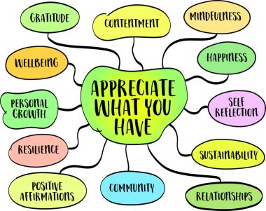 Sahip olduklarının değerini bil, sahip olduklarının değerini bil, sahip olduklarının değerini bil, ve ilişkiler, yaşam tarzı konsepti, vektör zihin haritası çizimi