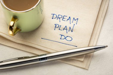 dream, plan, do - a powerful three step approach that encapsulates the journey from envisioning a goal to taking action and achieving it, handwriting on a napkin clipart