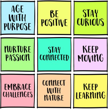 Amacı olan yaş, sağlıklı yaşlanma ipuçları, ilham verici hatırlatma notları, yaşam tarzı ve kişisel gelişim