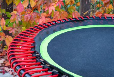 Arka bahçede egzersiz ve ribaund için mini trambolin ayrıntıları, sonbahar manzarası.