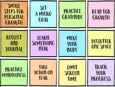 Kişisel gelişim için küçük adımlar - ipuçları ve yönergelerle ilham verici notlar dizisi.