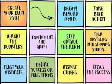 Kendi yolunuzu, motivasyon konseptinizi oluşturun - ipuçları ve yönergeler ile ilham verici notlar kümesi.