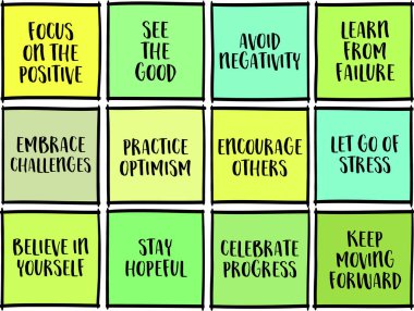 Olumlu şeylere odaklan. Olumlu bir zihniyet dayanıklılığın artmasına, stresin azalmasına ve genel refahın artmasına yardımcı olur. İlham verici notlar.