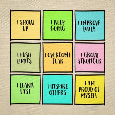 Kendimle gurur duyuyorum. İlham verici notlar seti, olumlu doğrulama konsepti.