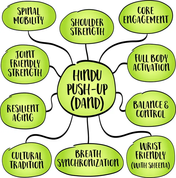 Hindu şınavı, Hint güreşinde dand olarak da bilinir ve İran eğitiminde zem zem, akıcı, tüm vücut hareketi. Bilgi grafikleri zihin haritası çizimi.