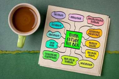 Kutunun dışında düşünün, yaratıcılığı, yeniliği ve alışılmadık problem çözmeyi teşvik eden güçlü bir tema, zihin haritası bilgilerini çizin