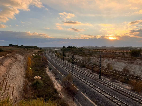 Railroad Tracks Industrial Area Sunset — Stock Photo, Image