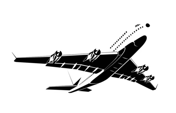 レトロなスタイルで行われた孤立した背景に飛んで頭上に商業ジェット飛行機の旅客機のイラスト — ストックベクタ