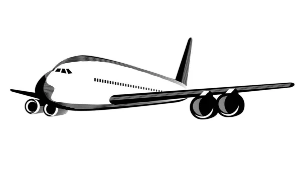 描述一架空中客车A380商用喷气式客机在全飞行中从正面向外俯瞰以复古风格完成的孤立背景图 — 图库矢量图片